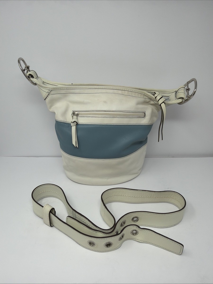 Coach F13357 Leather Rugby Stripe Blue White Shoulder Bucket Bag