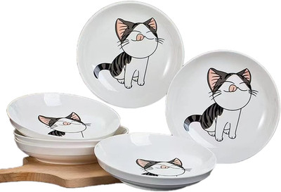 Set of 5 Ceramic Plates with Cute Cat Design, 7.28 Inch Large Dessert Salad Porc