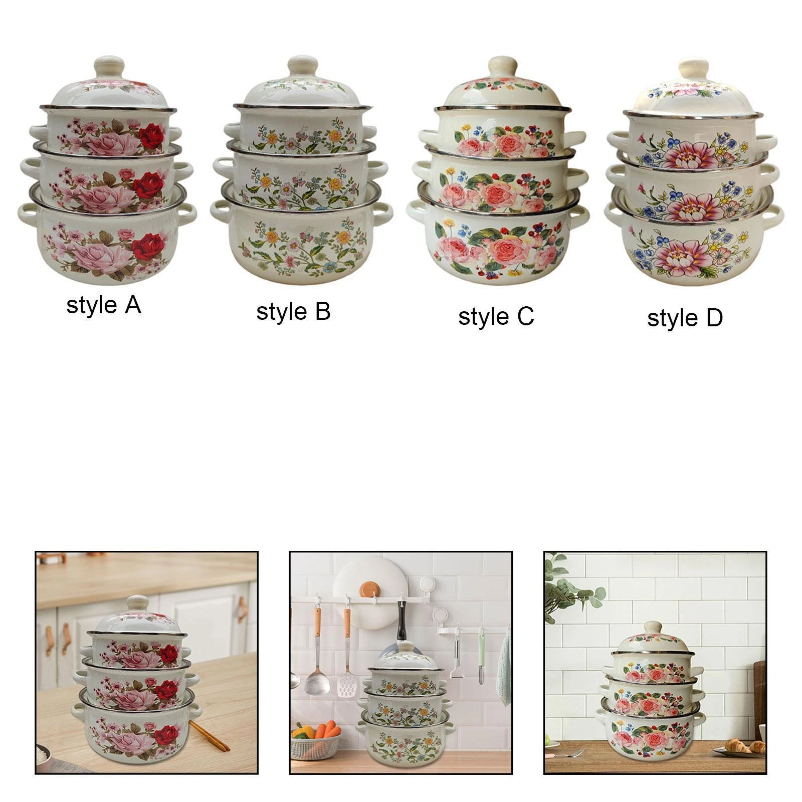 3x Enamel Stockpots Soup Pots Retro Design with Handles Simmering Pot Cooking