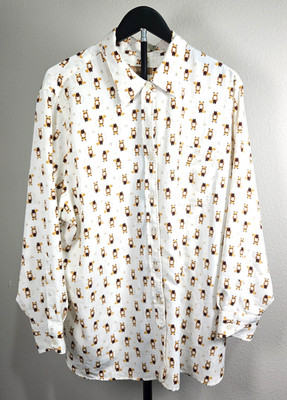 Ellen Tracy XL Fox Print Button Front Blouse Womens White Novelty Animal Top