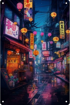 Lofi Art Tokyo Street Scene Posters Space Tin Metal Signs Home Décor 8x12