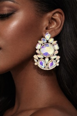 3.25  Long Clip On Statement Big Party Earrings Aurora Borealis Crystals