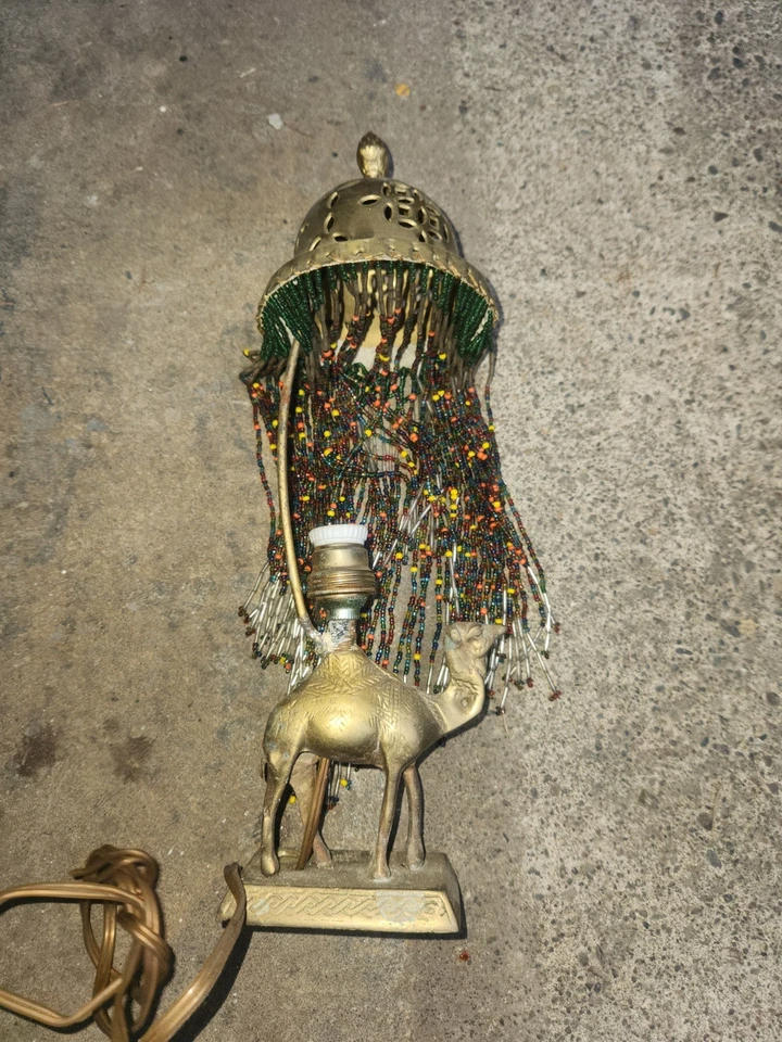 1920’s Egyptian Revival Camel Boudoir Lamp with Beaded Shade - Image 3 of 4