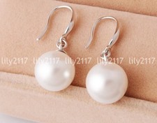 8mm white south sea Shell Pearl Round Beads 925 silver Dangle Hook Earrings