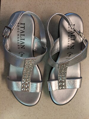 Italian Shoemakers Women's Lorna Silver Rhinestones Wedge Sandals Italy  Size