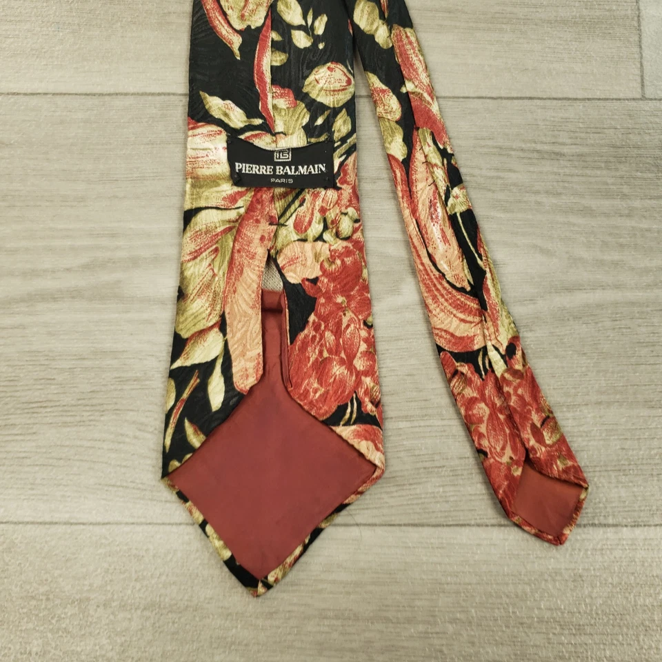 Corbata de diseñador Pierre Balmain Paris para hombre floral negra roja beige marrón vintage Foto 3 de 4