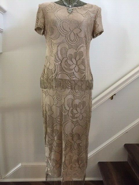 SL Fashions Women's Taupe Lace Fringe Dress SZ 8