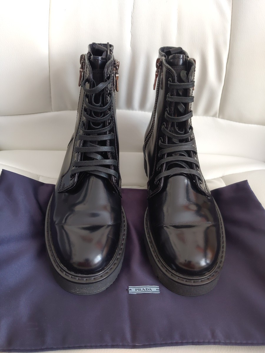 Prada Womens Combat Two Zip Lace Up Ankle Boots Black Patent Prada Womens Combat Two Zip Lace Up Ankle Boots Black Patent