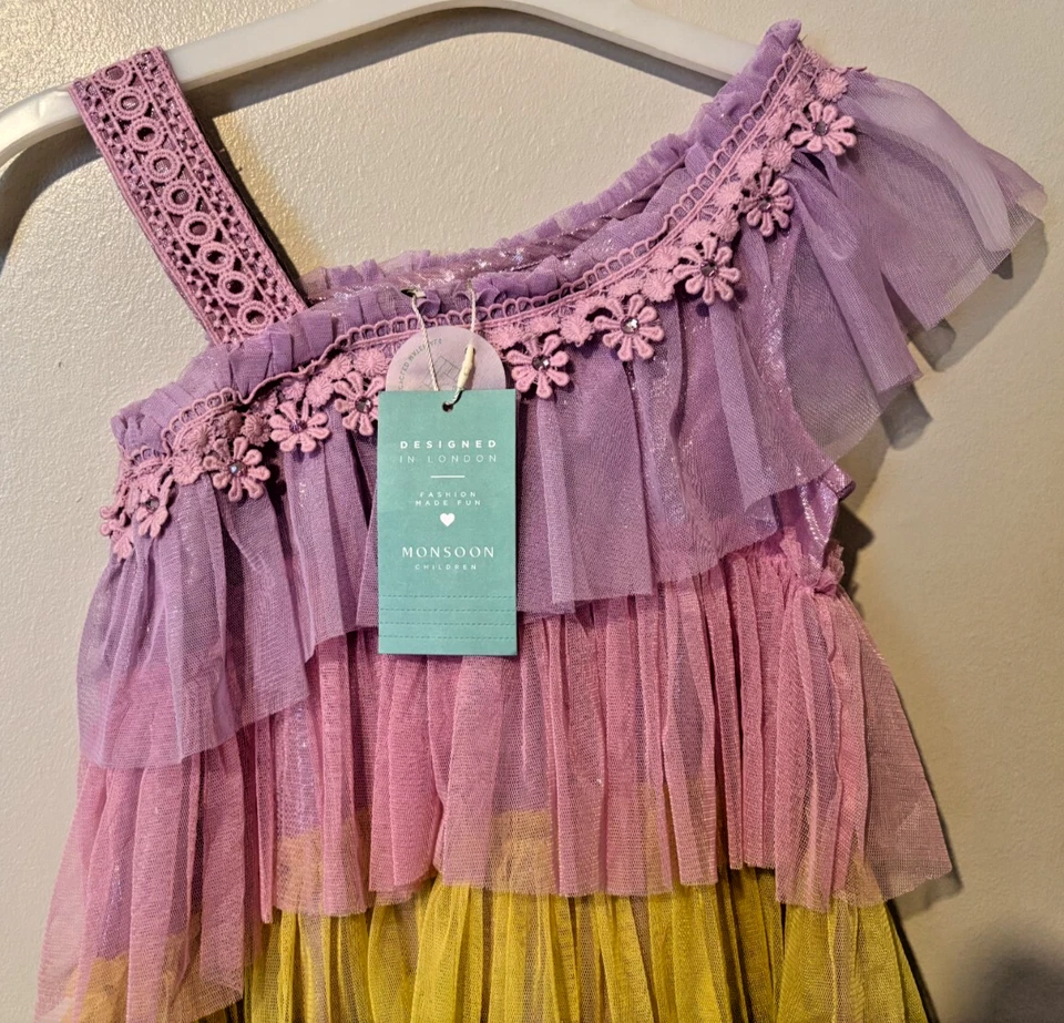 Monsoon Crochet Colourblock Dress Girls Rainbow Tulle 6 Years BNWT £44.95 Multi - Image 2 of 4