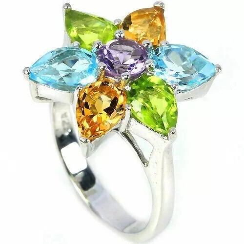 Silver Ring Topaz Citrine Peridot Genuine Gems Solid Sterling Size O US 7.25 - Picture 23 of 24