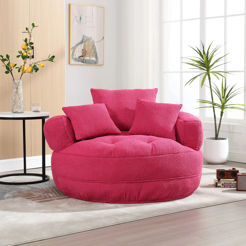 Boucle Upholstered Tufted Barrel Accent Living Room Chair with Toss