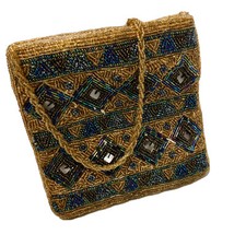 Vtg 60 s Gold CARNIVAL GLASS Beaded Bag GEOMETRIC Purse Evening DINNER Satchel