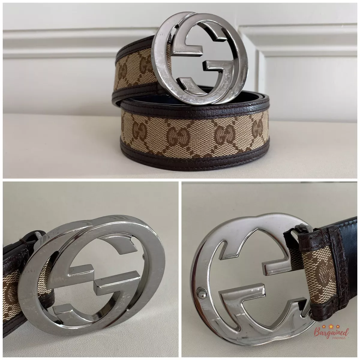 Authentic GUCCI GG MONOGRAM Logo Buckle Canvas Leather Belt Brown Beige  85/34