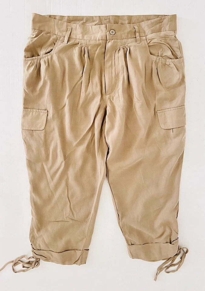 Pantalones capris de seda Catherine Malandrino para mujer talla 8 marrón puño corbata dobladillo Foto 2 de 4