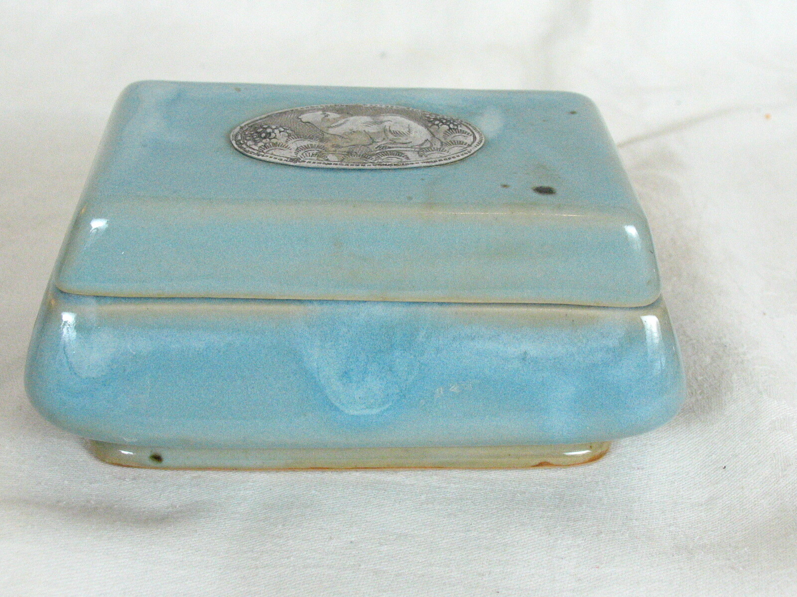 Asian Bee wax ? Candle In Celadon Crackled Ceramic Box/Jar S