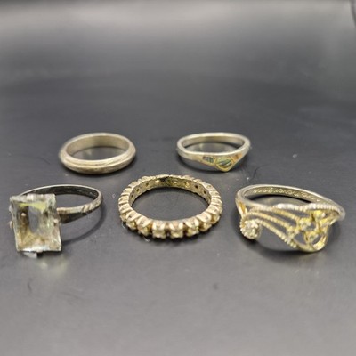 Vtg Sterling Silver 5 Ring Collection Lot Sizes 5,6,7,8 Clear Stones Patina Band