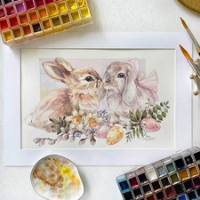 Original Watercolor Springtime Bunnies 8x11.5 Painting Unique Artwork Wall Art