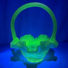Fenton Topaz VASELINE Opalescent Uranium Glass Basket Twisted Handle GLOWS