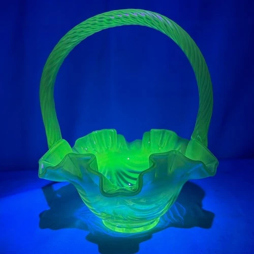 Fenton Topaz VASELINE Opalescent Uranium Glass Basket Twisted Handle GLOWS