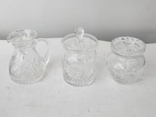 Set Of 3 Vintage Crystal Creamer Syrup Jug & Sugar Bowls With Lids 4" - England