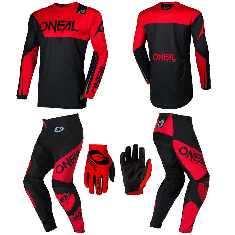 O&apos;Neal Element Racewear Red Jersey Pants Gloves motocross dirt bike gear combo