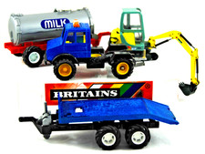 Britains 1:32 FARM MERCEDES UNIMOG MODIFIED TRUCK w/ 2 TRAILERS + JOAL EXCAVATOR