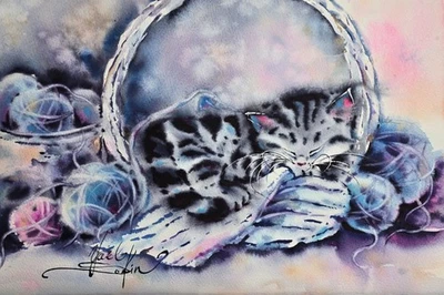 Peinture aquarelle originale de chaton endormi - art portrait d'animal de... - Photo 1/4