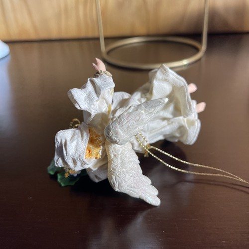 White Ceramic Angel Holly Bells Christmas Ornament Holiday Decoration - Picture 6 of 8