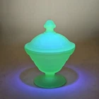 Vintage Anchor Hocking Block Optic Green Frosted Uranium Glass Candy Dish w/ Lid