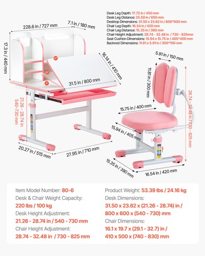VEVOR Kids Study Chair and Desk with Bookshelf & Drawer Height Adjustable Pink - Picture 7 of 12