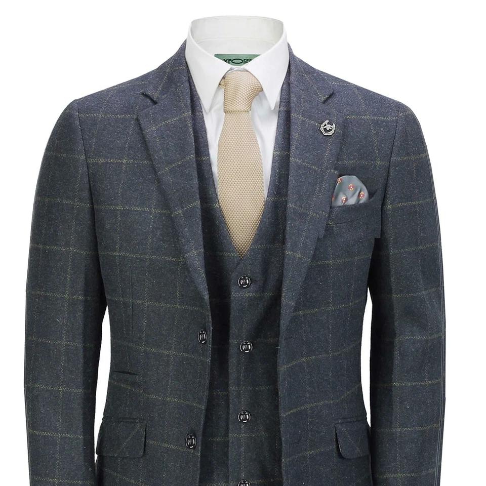 Hommes 3 Pièce Costume Tweed Chevron Bleu Marine Carreaux Rétro Ajusté à Pic - Photo 4/4