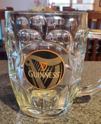 Guinness Dimpled Thumbprint Glass Beer Mug Est 1759 Black & Gold Harp Logo 16OZ
