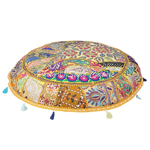 Ottoman Round Pouf Vintage Patchwork Floor Cushion Yellow Floor Pillow Cover - Picture 2 of 6