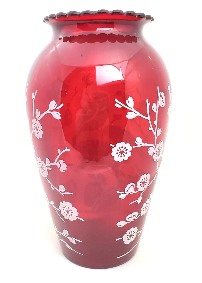 Vintage Anchor Hocking Ruby Red Vase with White birds on Blossom Branch Motif 9" - Image 3 of 4