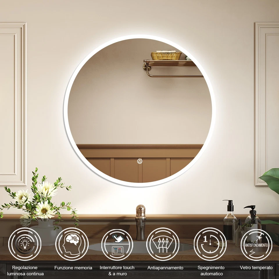 Specchio da bagno LED intelligente con dimmerabile e disappannamento - Immagine 4 di 4