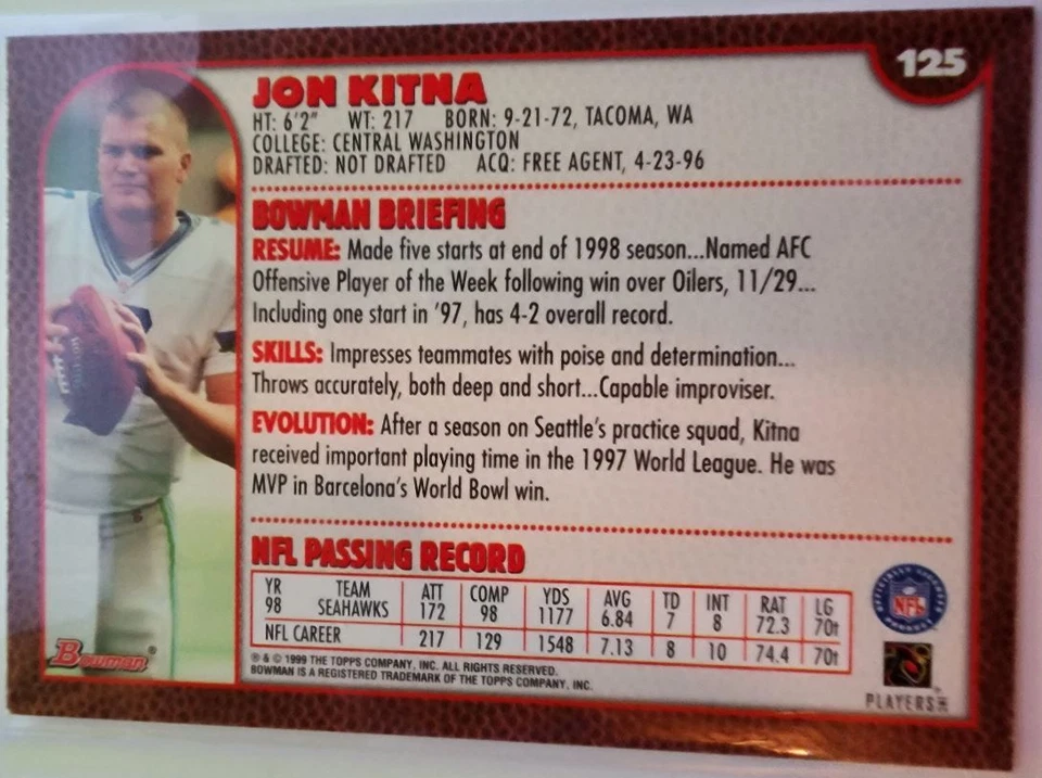 1999 Bowman Jon Kitna Seattle Seahawks #125 - Image 2 of 2
