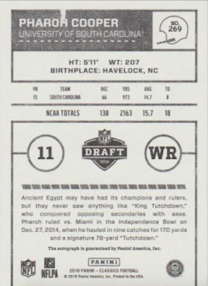 Pharoh Cooper 2016 Panini Classics novato radiocontrol autógrafo tarjeta automática 269 1/10 1/1 Foto 2 de 2