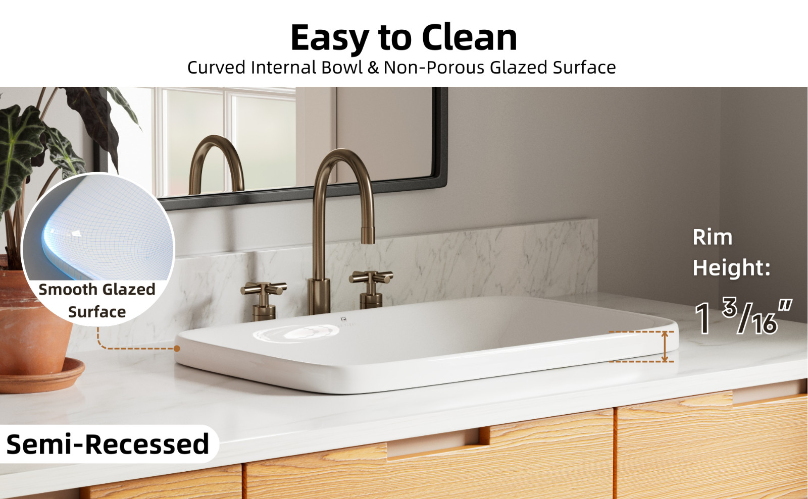 24"W x 15"D Drop-In Bathroom Sink, White Rectangular Semi-Recessed Sink & Drain