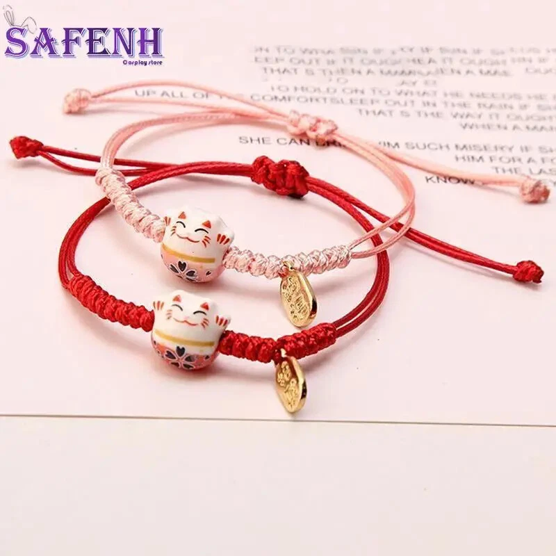 Brazalete de cuerda tejido a mano simple de cerámica para gato de la suerte tejido a mano colores rojos Foto 2 de 4
