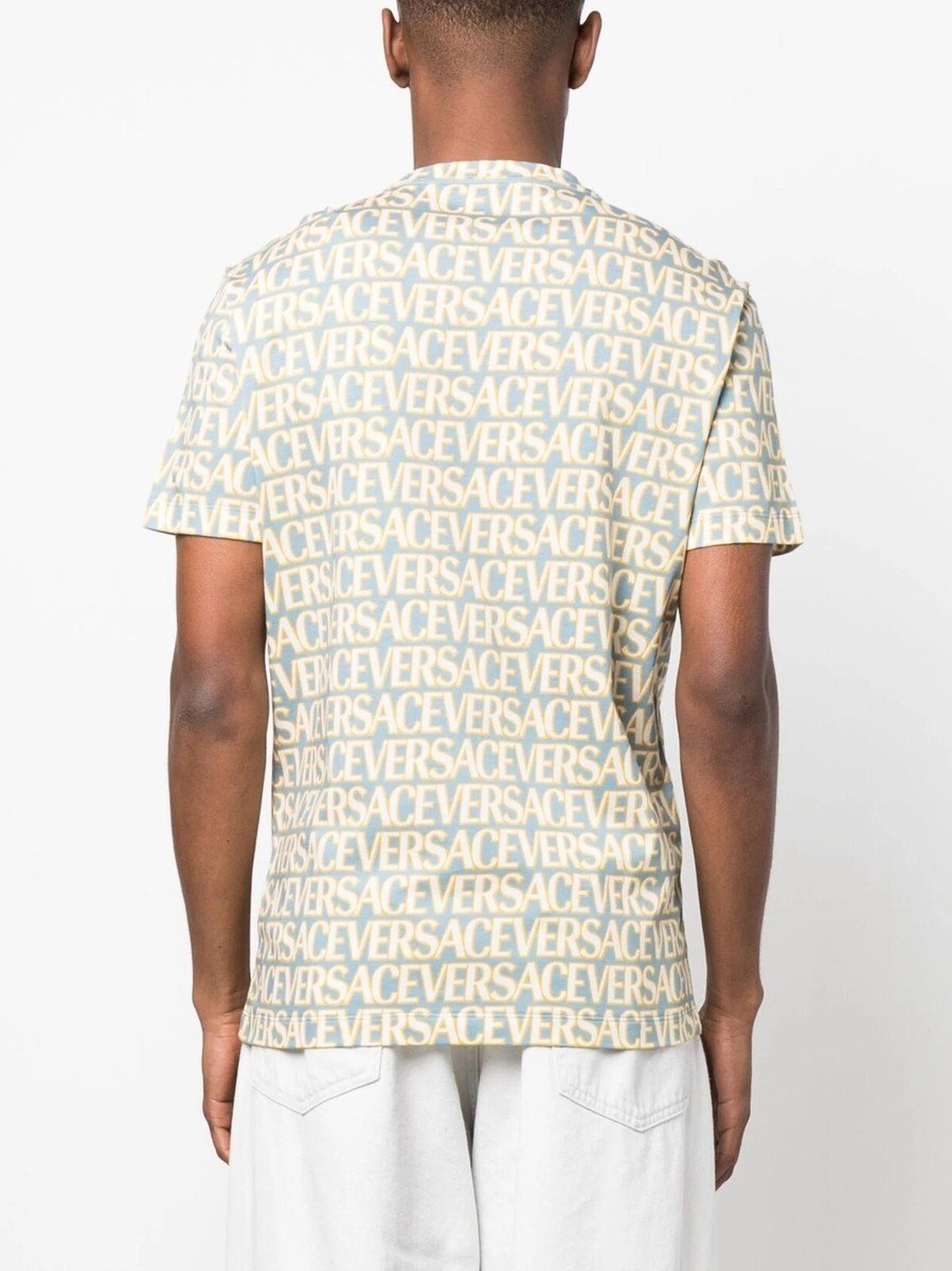 VERSACE 'Allover Logo T-Shirt' Slim-Fit 100% Cotton Blue