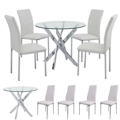 4 Seater Round Glass Dining Table and 4 Padded Chairs Set White Home Furniture - Picture 18 of 21