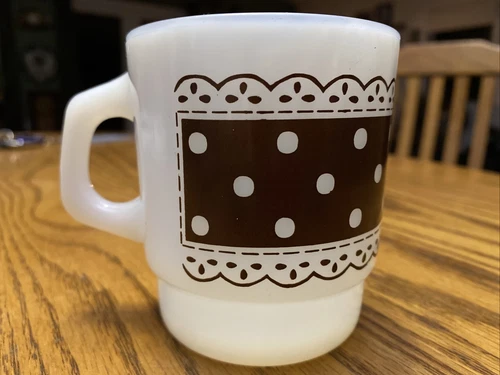 Fire King Anchor Hocking White Milk Glass Brown Polka Dot Lace Mug Vintage