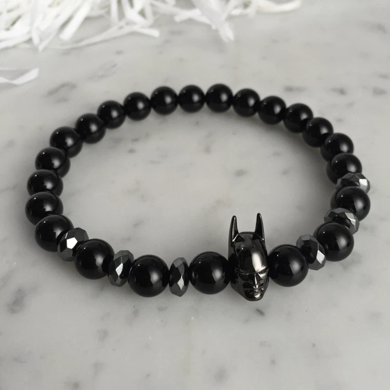 Charm Pulsera Batman Negra Hombres 8mm Negro Natural Ónix Redondo Hombre Cuentas Pulseras Foto 3 de 4