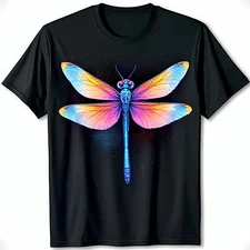 Vibrant Dragonfly Graphic on Black T-Shirt Unique & Eye Catching Design