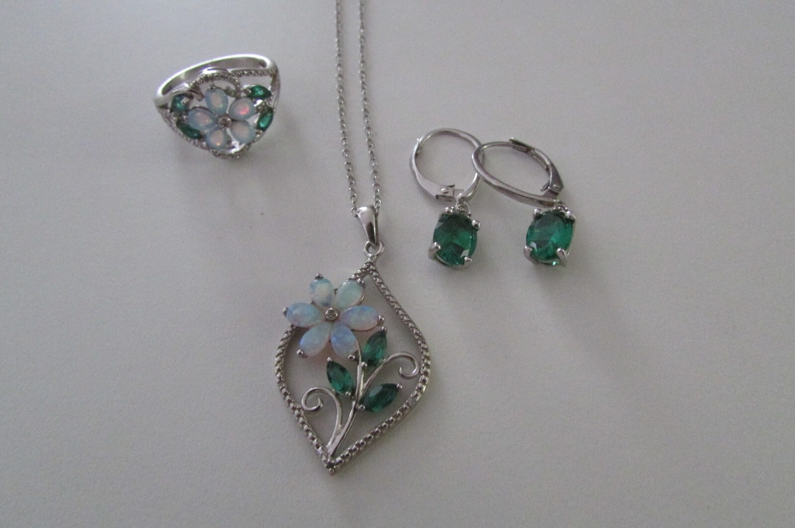 Opal Emerald Diamond Sterling Flower Jewelry Set Necklace Pendant Ring Earrings