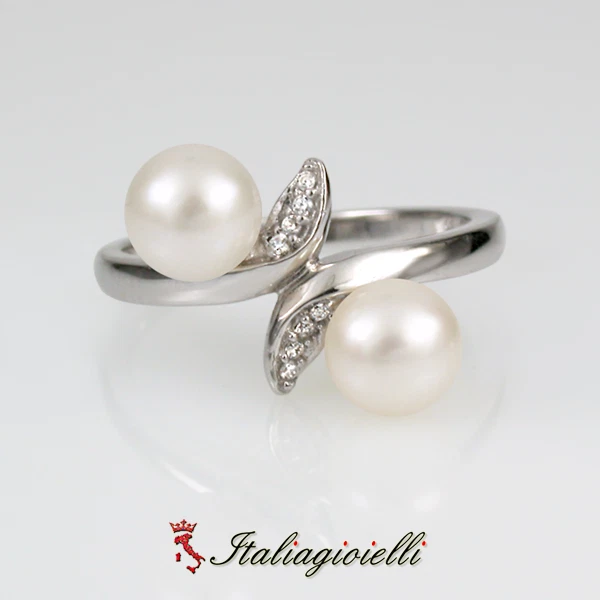 Romantico Anello Brillante con Doppia Perla in Argento 925 Rodiato Oro Bianco - Immagine 4 di 4