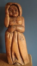 Large Antique Signed Folk Art Heavy Wood Carving Pilgrim Women