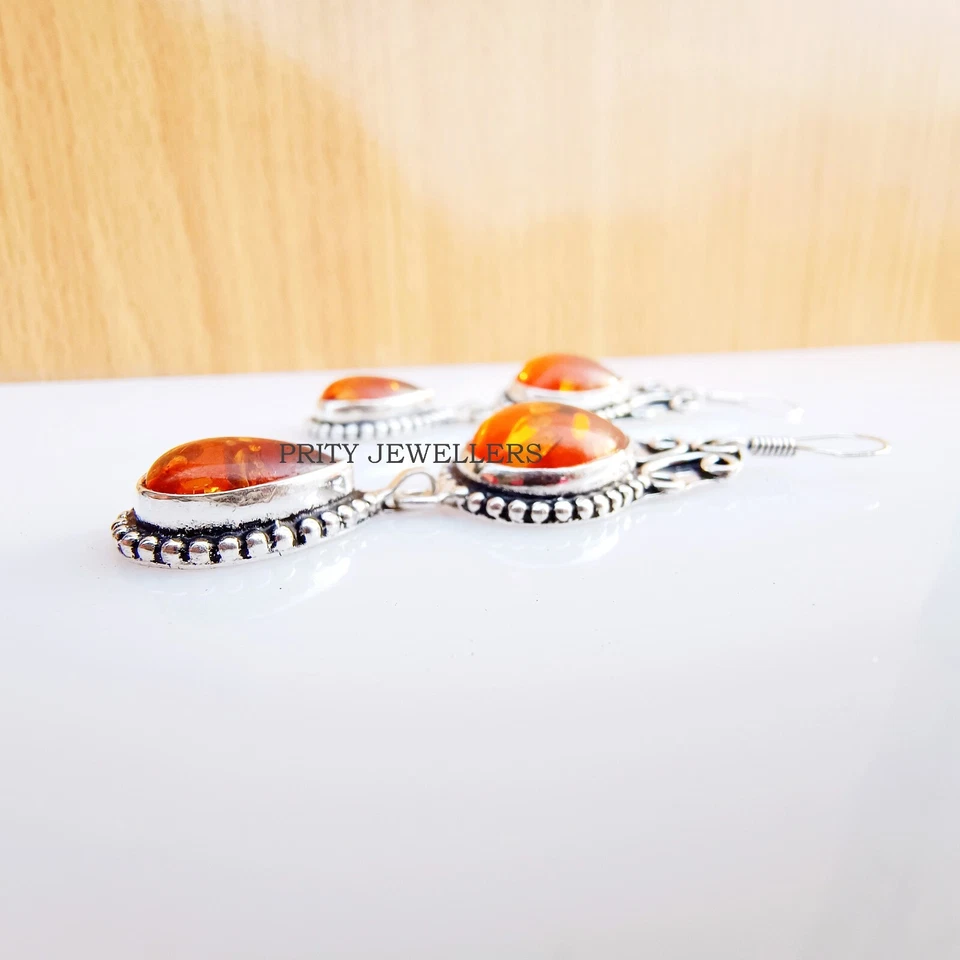 Lindo Brinco Banhado a Prata Âmbar, Brinco Antigo, Brinco de Âmbar Feito à Mão - Imagem 4 de 4