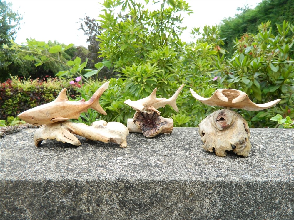 Wooden Shark and Manta Ray Carving on Parasite Wood - Set of Three 10-15cm