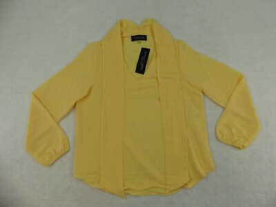 Black Label By Evan Picone Shirt Women Medium Yellow Split Tie Neck Blouse Crepe